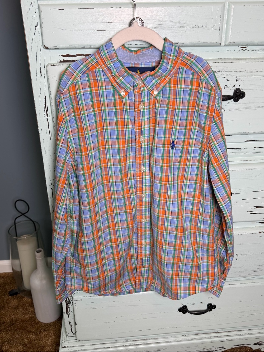 Ralph Lauren Boys Orange, Blue & Green Plaid Button-Down Shirt. Size medium.